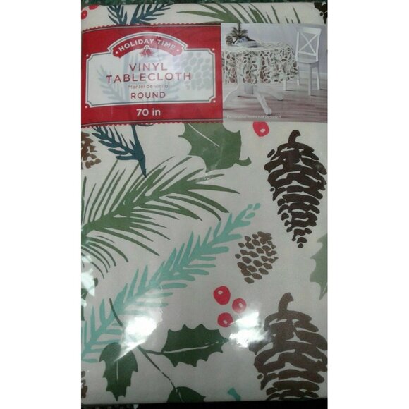Holiday Time Vinyl Round Tablecloth 70" Diameter Pinecone Foliage Design NEW - Picture 2 of 6